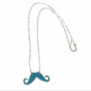 Mustache Necklace Silver Tone Blue Glitter